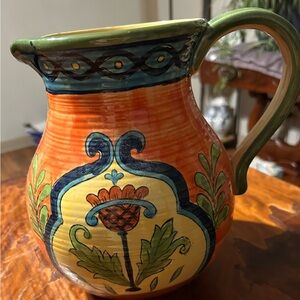 Handcrafted Ceramic Pitcher with Orange and Green Design